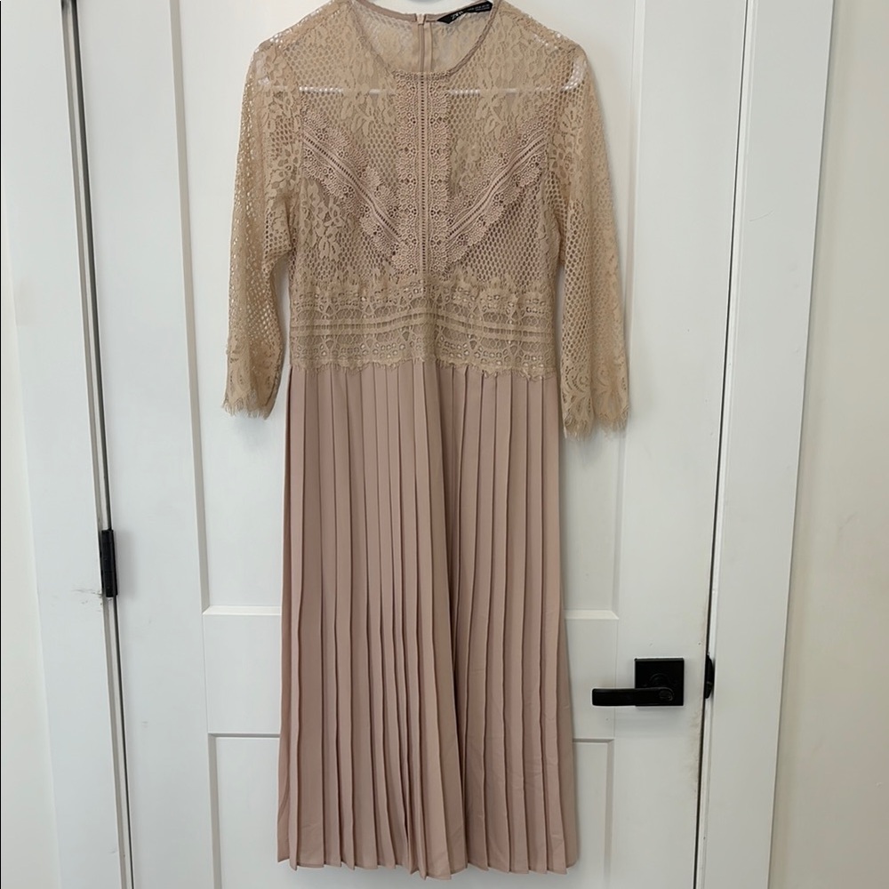 Elegant Lace and Pleated Beige Dress